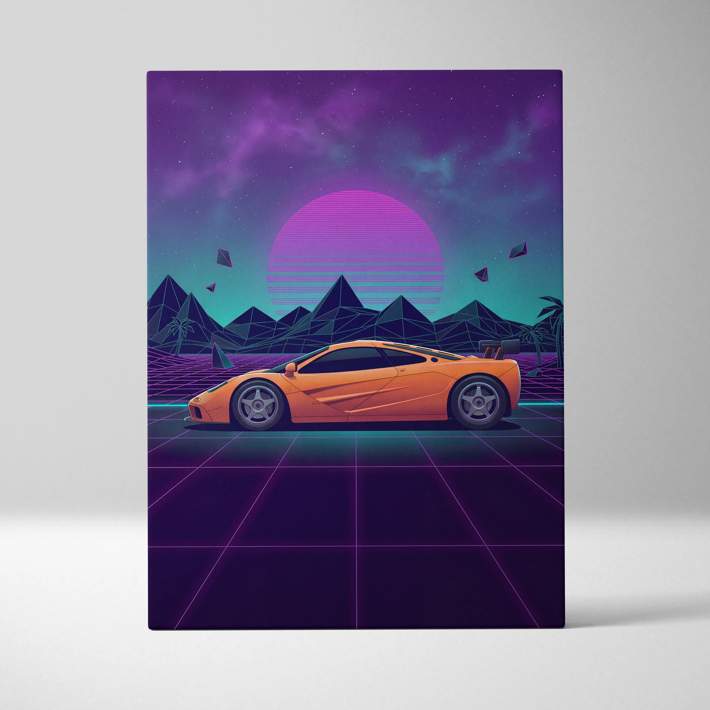 McLaren F1 Inspired Orange Purple Canvas Wall Art, Vaporwave Hypercar Artwork, Neon Grid Desert Decor, Retro Futuristic Exotic Print