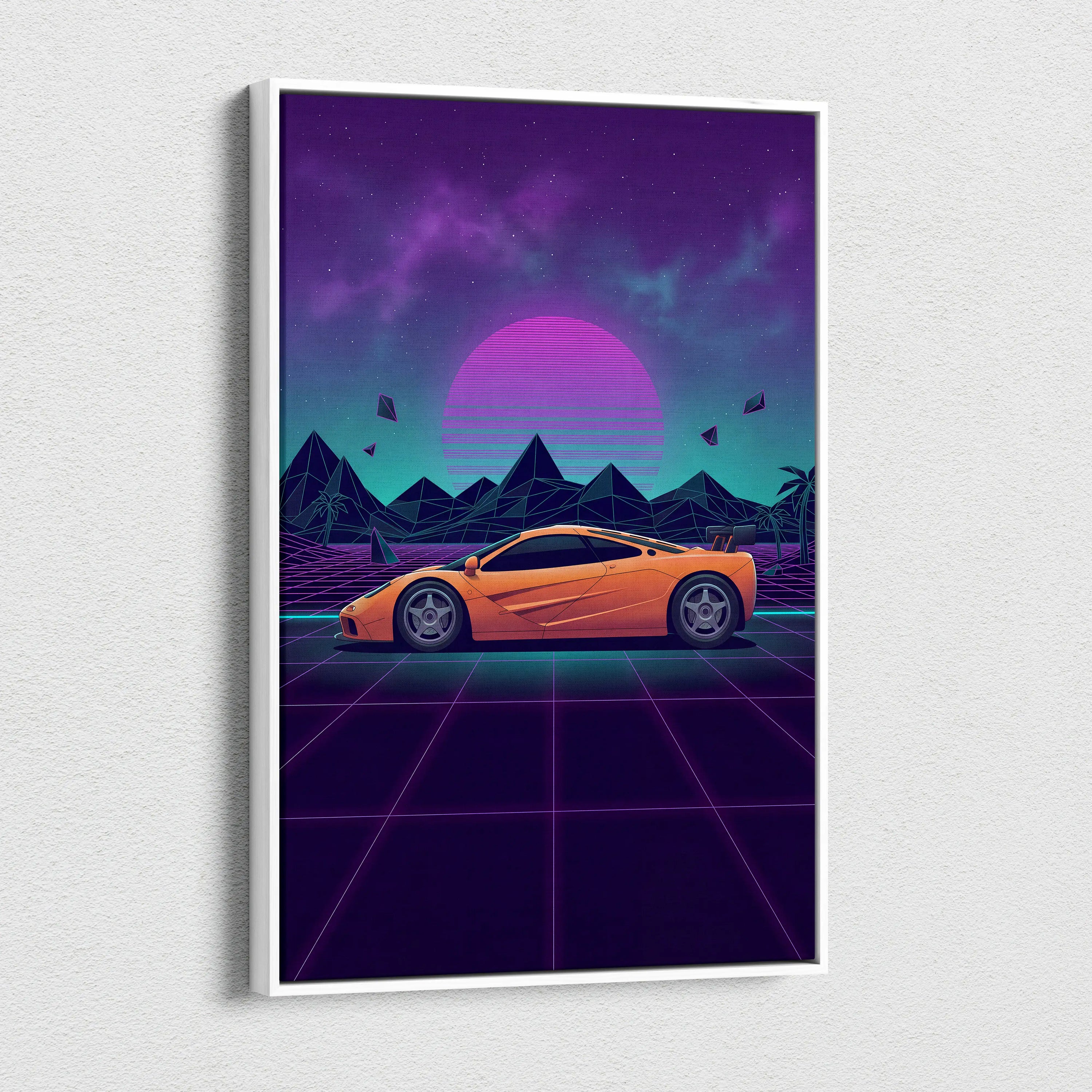 McLaren F1 Inspired Orange Purple Canvas Wall Art, Vaporwave Hypercar Artwork, Neon Grid Desert Decor, Retro Futuristic Exotic Print