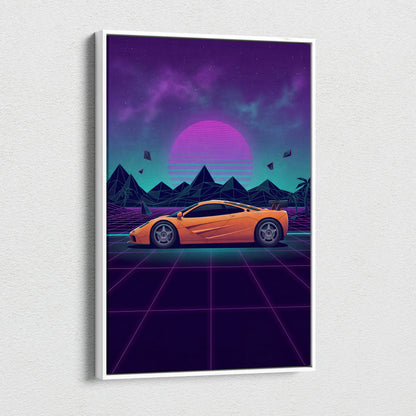 McLaren F1 Inspired Orange Purple Canvas Wall Art, Vaporwave Hypercar Artwork, Neon Grid Desert Decor, Retro Futuristic Exotic Print
