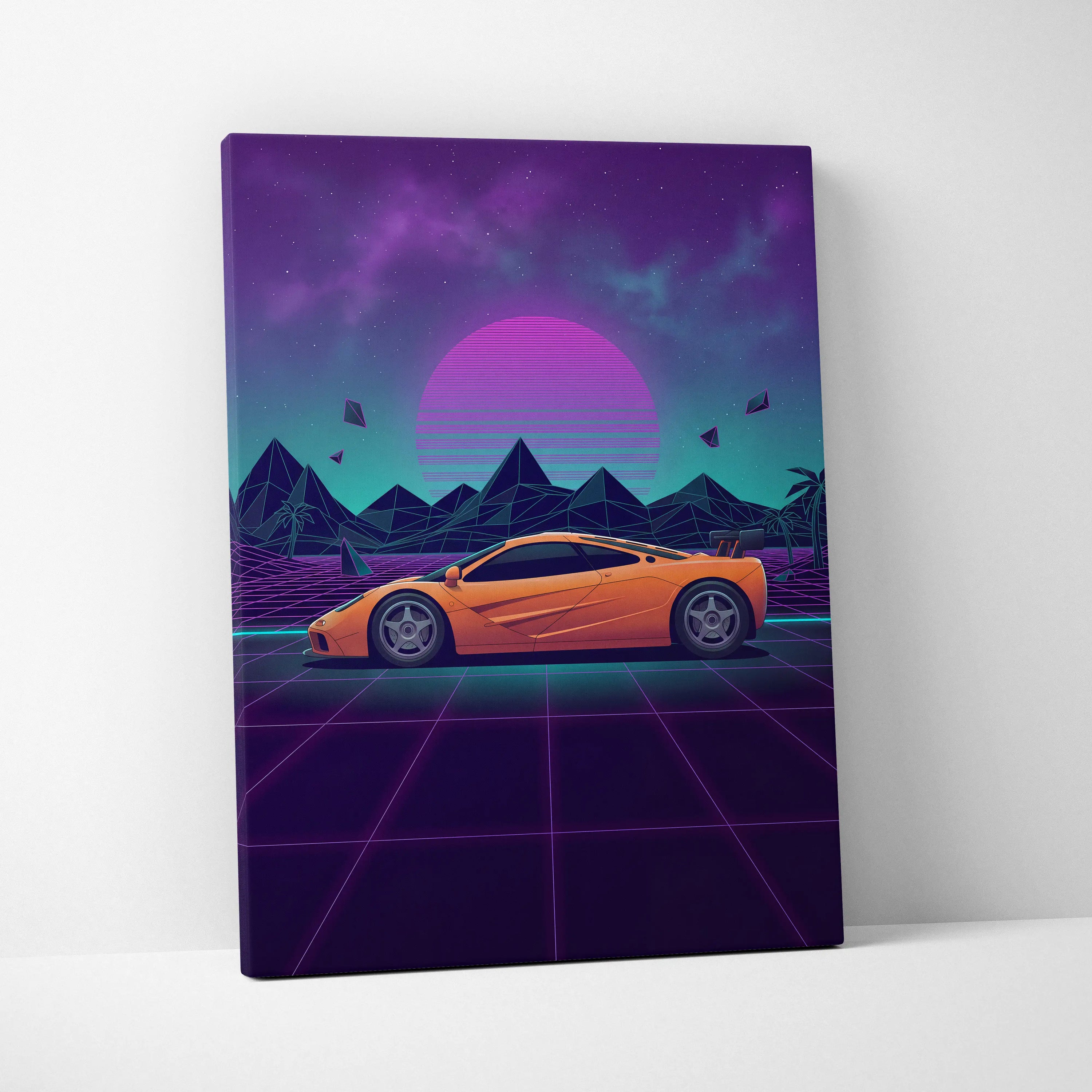 McLaren F1 Inspired Orange Purple Canvas Wall Art, Vaporwave Hypercar Artwork, Neon Grid Desert Decor, Retro Futuristic Exotic Print