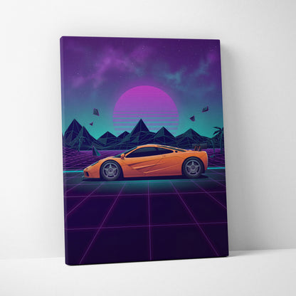 McLaren F1 Inspired Orange Purple Canvas Wall Art, Vaporwave Hypercar Artwork, Neon Grid Desert Decor, Retro Futuristic Exotic Print