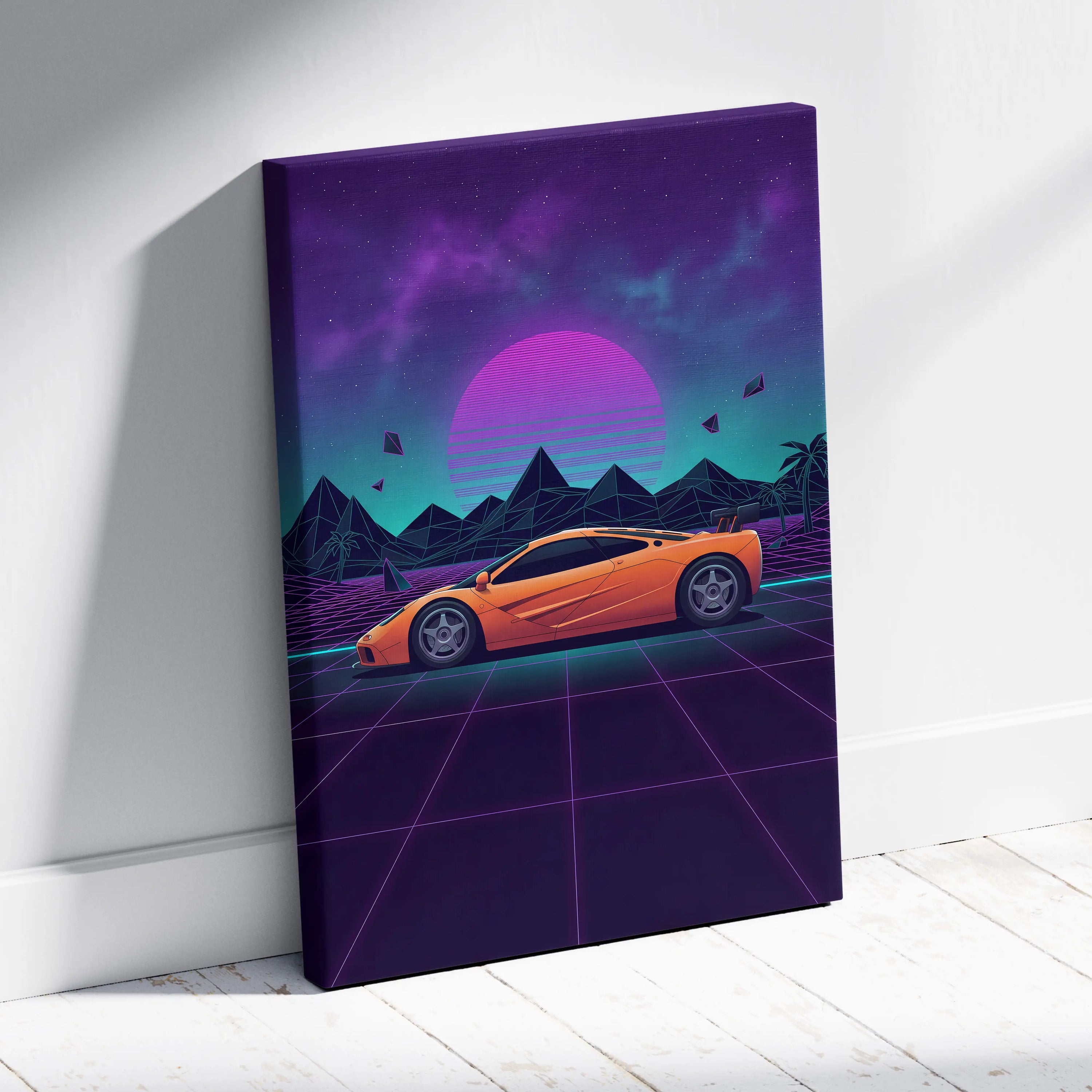 McLaren F1 Inspired Orange Purple Canvas Wall Art, Vaporwave Hypercar Artwork, Neon Grid Desert Decor, Retro Futuristic Exotic Print