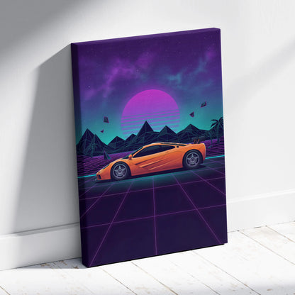 McLaren F1 Inspired Orange Purple Canvas Wall Art, Vaporwave Hypercar Artwork, Neon Grid Desert Decor, Retro Futuristic Exotic Print