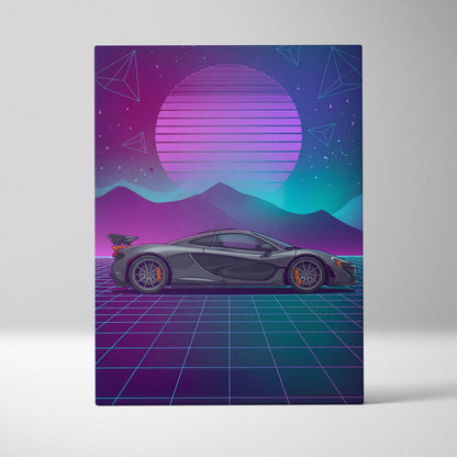 McLaren P1 Inspired Gray Purple Canvas Wall Art Vaporwave Neon Grid Hypercar Artwork, Retro Sunset Supercar Garage Decor
