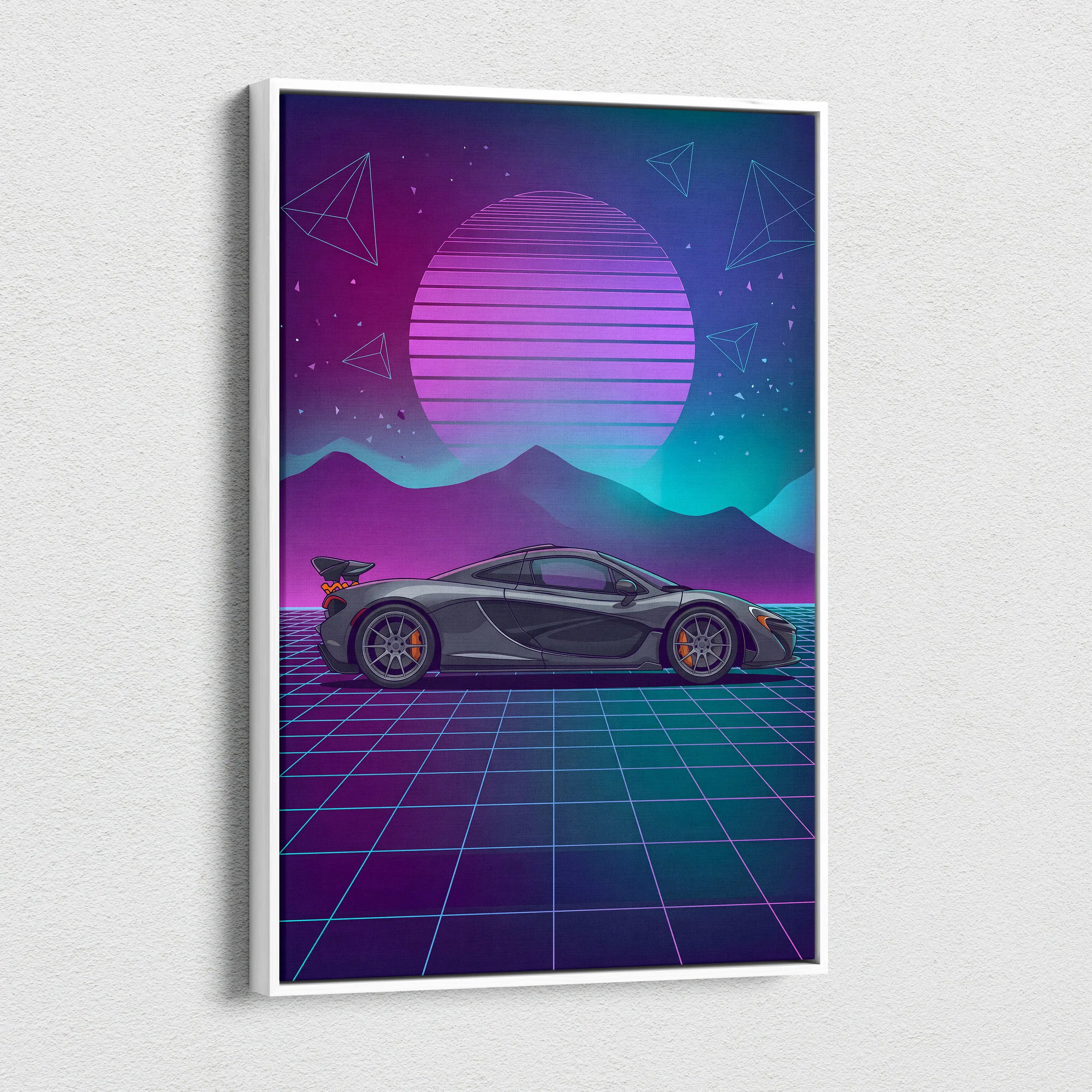 McLaren P1 Inspired Gray Purple Canvas Wall Art Vaporwave Neon Grid Hypercar Artwork, Retro Sunset Supercar Garage Decor