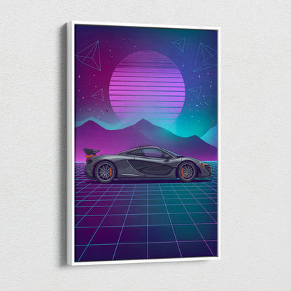 McLaren P1 Inspired Gray Purple Canvas Wall Art Vaporwave Neon Grid Hypercar Artwork, Retro Sunset Supercar Garage Decor