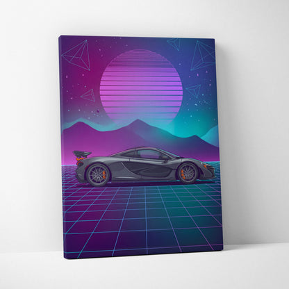 McLaren P1 Inspired Gray Purple Canvas Wall Art Vaporwave Neon Grid Hypercar Artwork, Retro Sunset Supercar Garage Decor