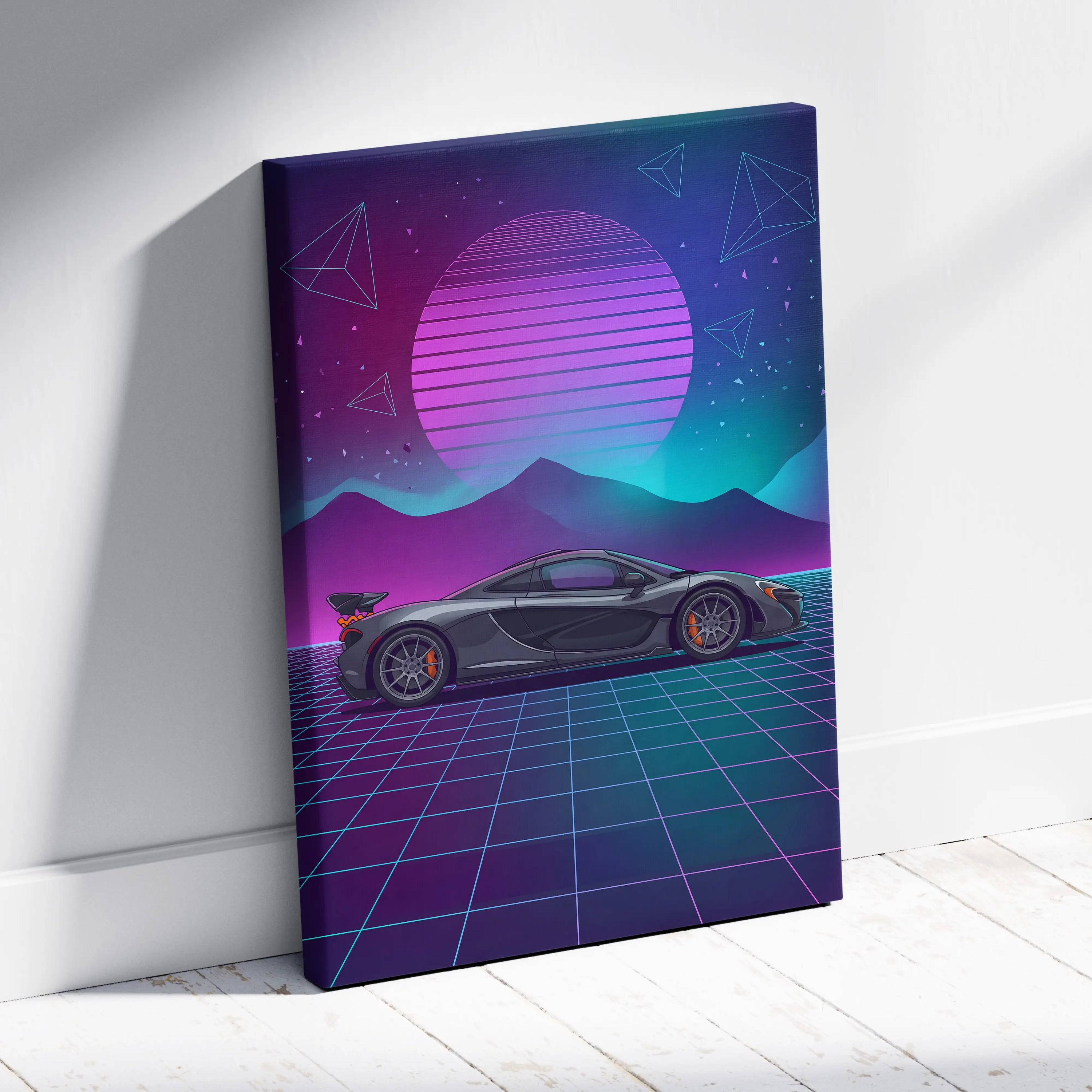 McLaren P1 Inspired Gray Purple Canvas Wall Art Vaporwave Neon Grid Hypercar Artwork, Retro Sunset Supercar Garage Decor
