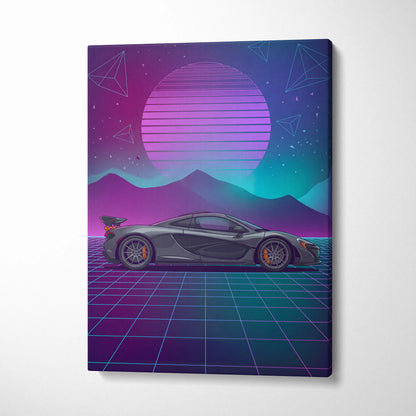 McLaren P1 Inspired Gray Purple Canvas Wall Art Vaporwave Neon Grid Hypercar Artwork, Retro Sunset Supercar Garage Decor