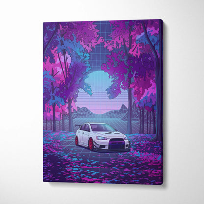 Mitsubishi Lancer Evolution X Inspired White Purple Canvas Wall Art, Vaporwave JDM Artwork, Neon Forest Garage Decor, Retro Futuristic Print