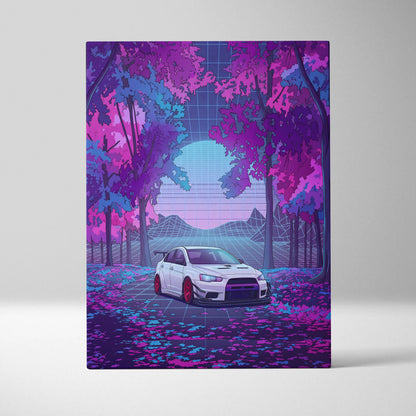 Mitsubishi Lancer Evolution X Inspired White Purple Canvas Wall Art, Vaporwave JDM Artwork, Neon Forest Garage Decor, Retro Futuristic Print