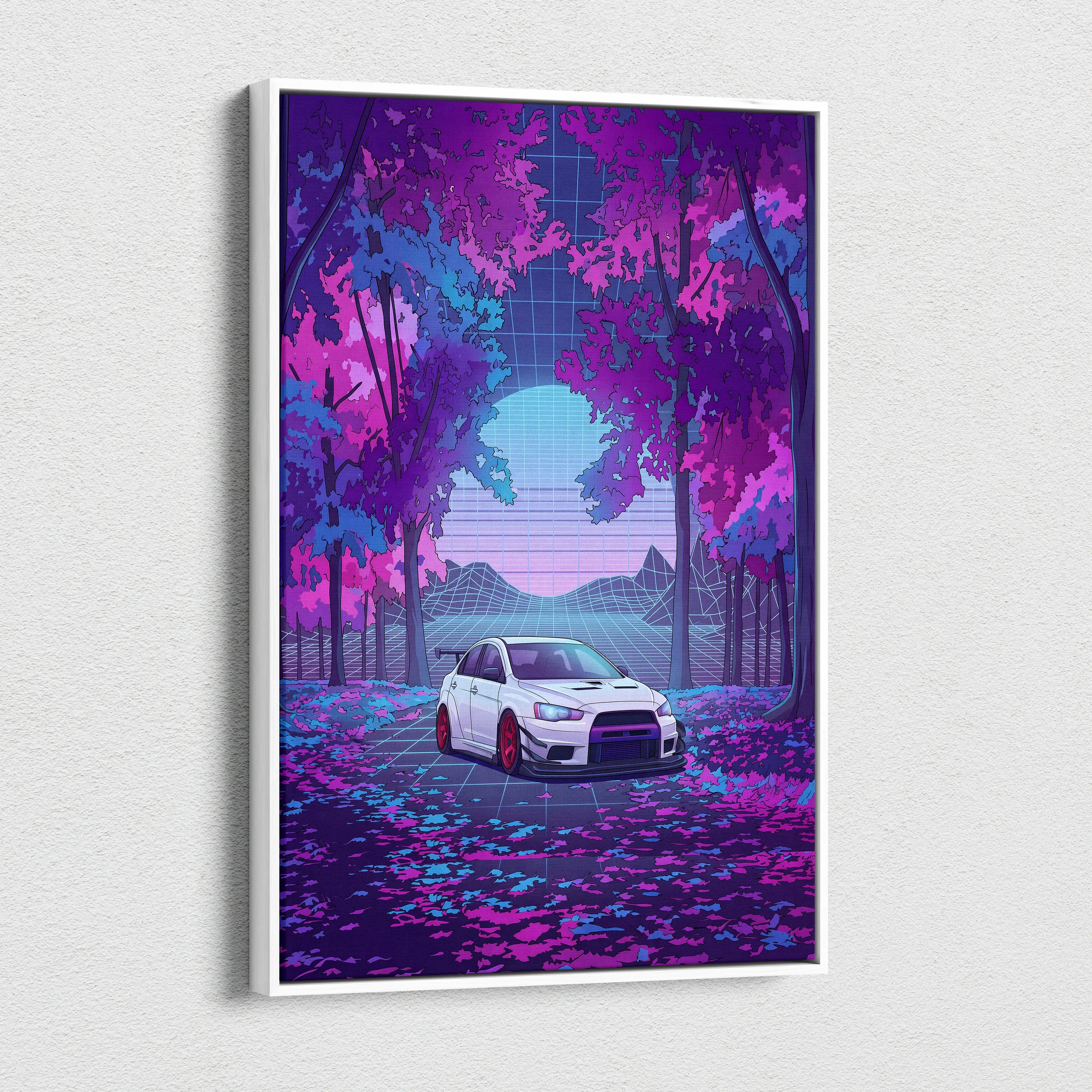 Mitsubishi Lancer Evolution X Inspired White Purple Canvas Wall Art, Vaporwave JDM Artwork, Neon Forest Garage Decor, Retro Futuristic Print