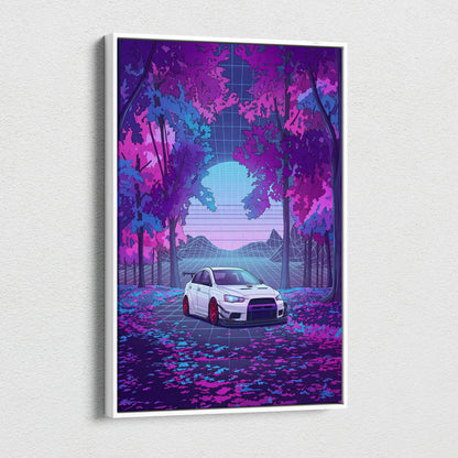 Mitsubishi Lancer Evolution X Inspired White Purple Canvas Wall Art, Vaporwave JDM Artwork, Neon Forest Garage Decor, Retro Futuristic Print