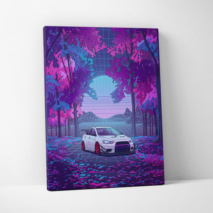 Mitsubishi Lancer Evolution X Inspired White Purple Canvas Wall Art, Vaporwave JDM Artwork, Neon Forest Garage Decor, Retro Futuristic Print