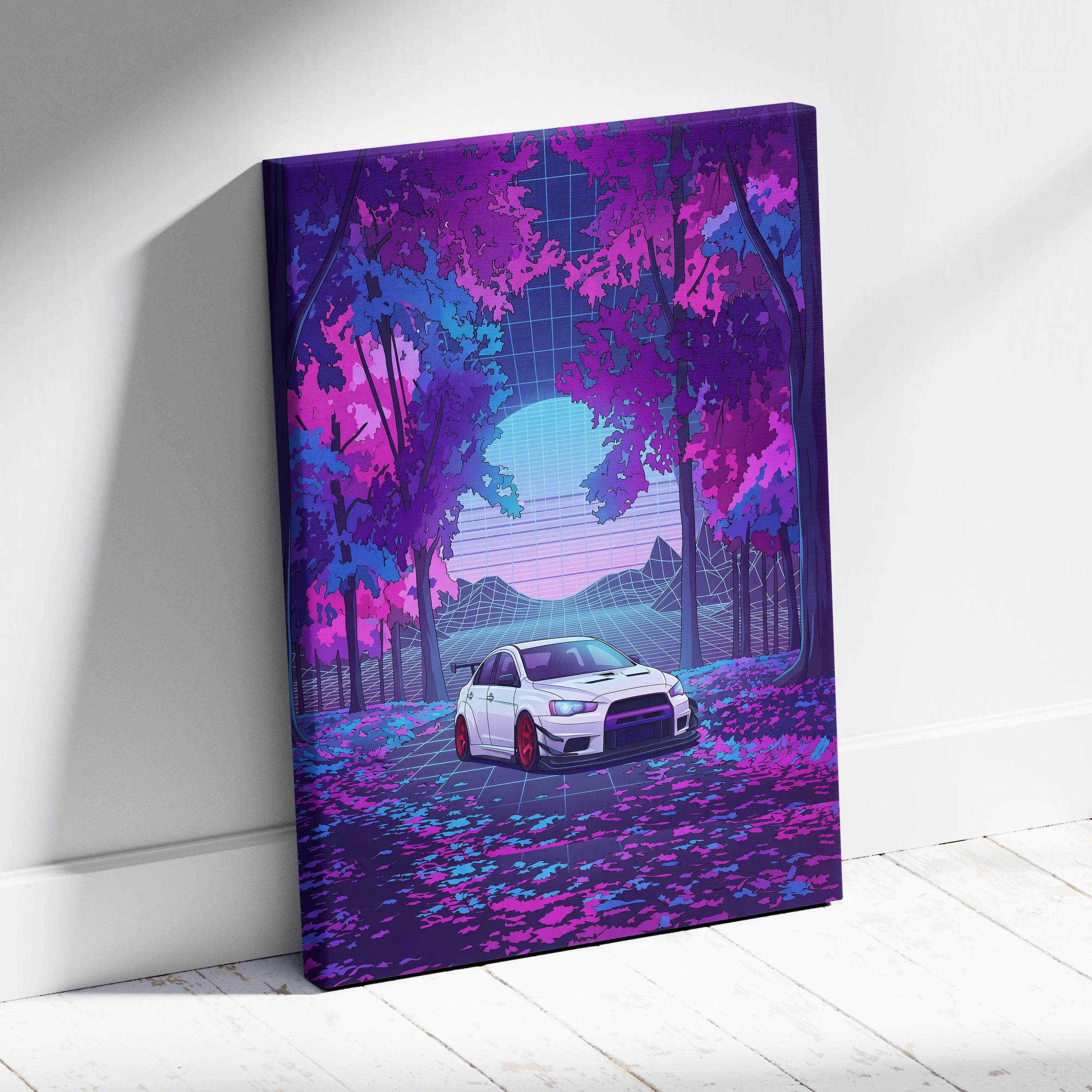 Mitsubishi Lancer Evolution X Inspired White Purple Canvas Wall Art, Vaporwave JDM Artwork, Neon Forest Garage Decor, Retro Futuristic Print