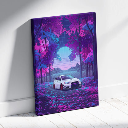 Mitsubishi Lancer Evolution X Inspired White Purple Canvas Wall Art, Vaporwave JDM Artwork, Neon Forest Garage Decor, Retro Futuristic Print