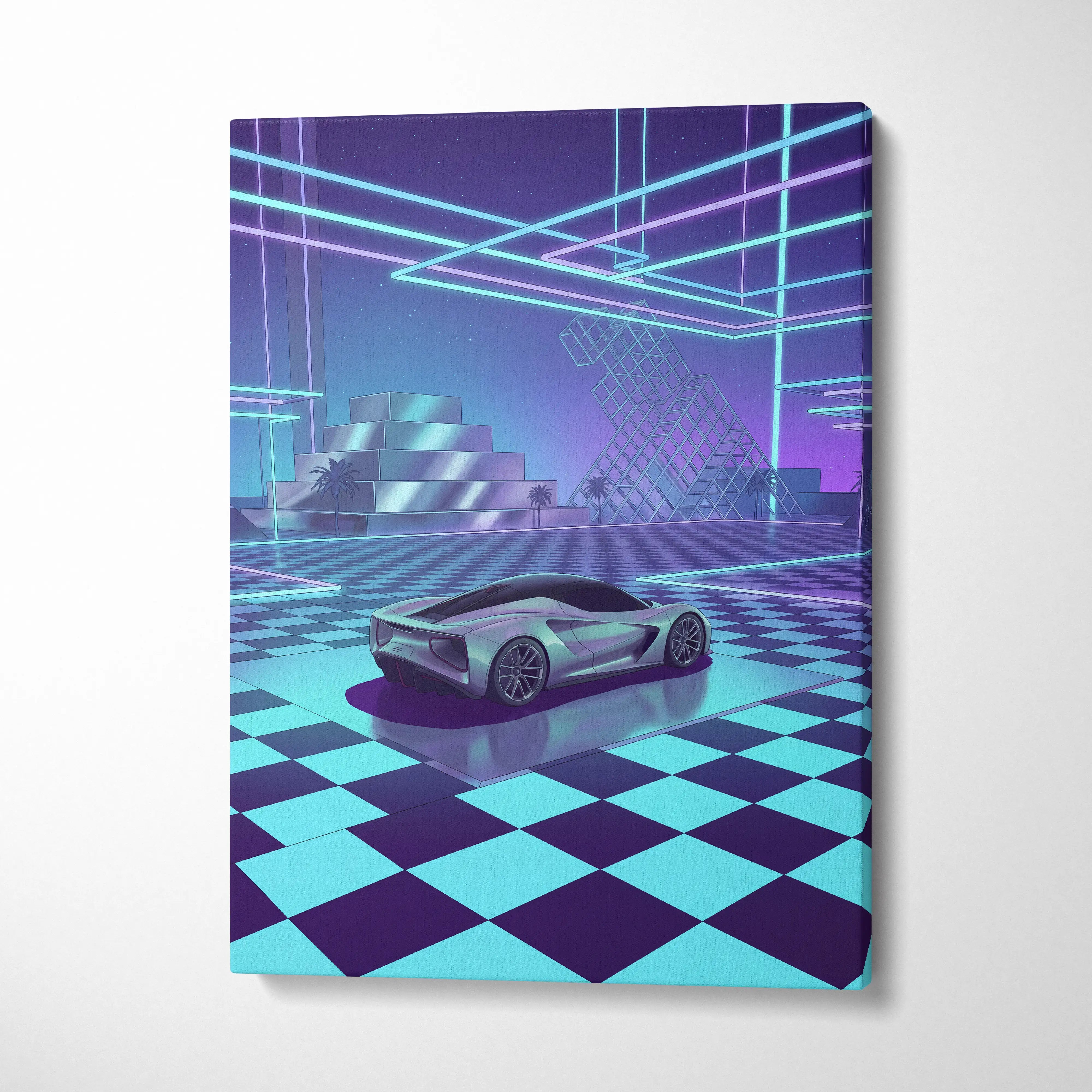 Lotus Evija Inspired Silver Purple Canvas Wall Art, Vaporwave Supercar Artwork, Neon Grid Garage Decor, Retro Futuristic Exotic Print