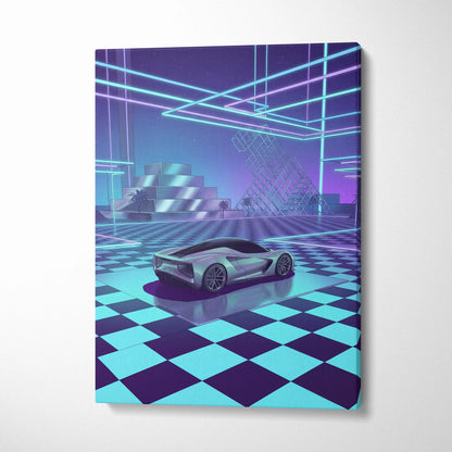 Lotus Evija Inspired Silver Purple Canvas Wall Art, Vaporwave Supercar Artwork, Neon Grid Garage Decor, Retro Futuristic Exotic Print