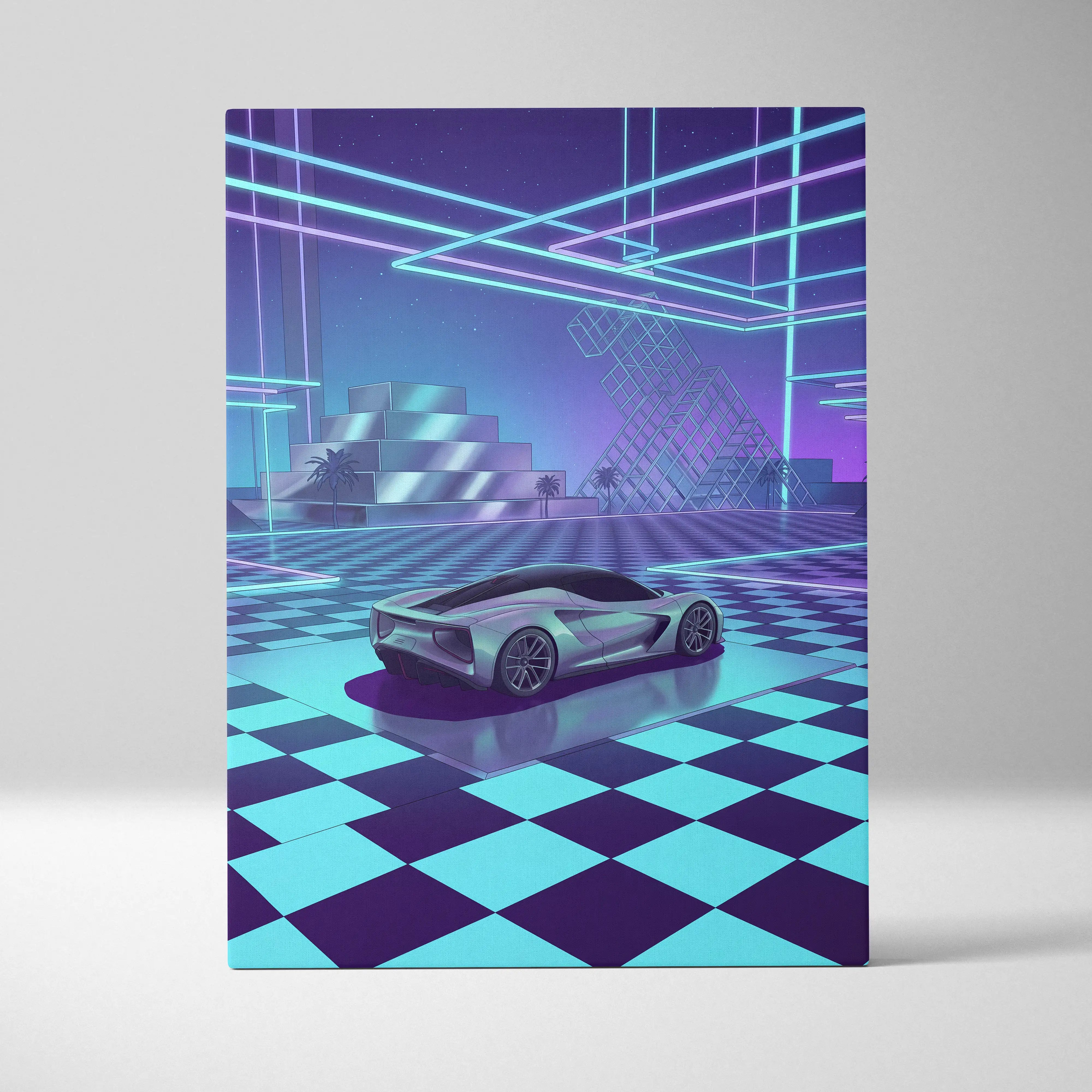 Lotus Evija Inspired Silver Purple Canvas Wall Art, Vaporwave Supercar Artwork, Neon Grid Garage Decor, Retro Futuristic Exotic Print