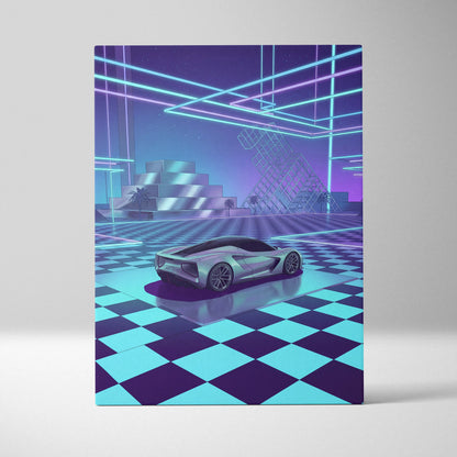 Lotus Evija Inspired Silver Purple Canvas Wall Art, Vaporwave Supercar Artwork, Neon Grid Garage Decor, Retro Futuristic Exotic Print