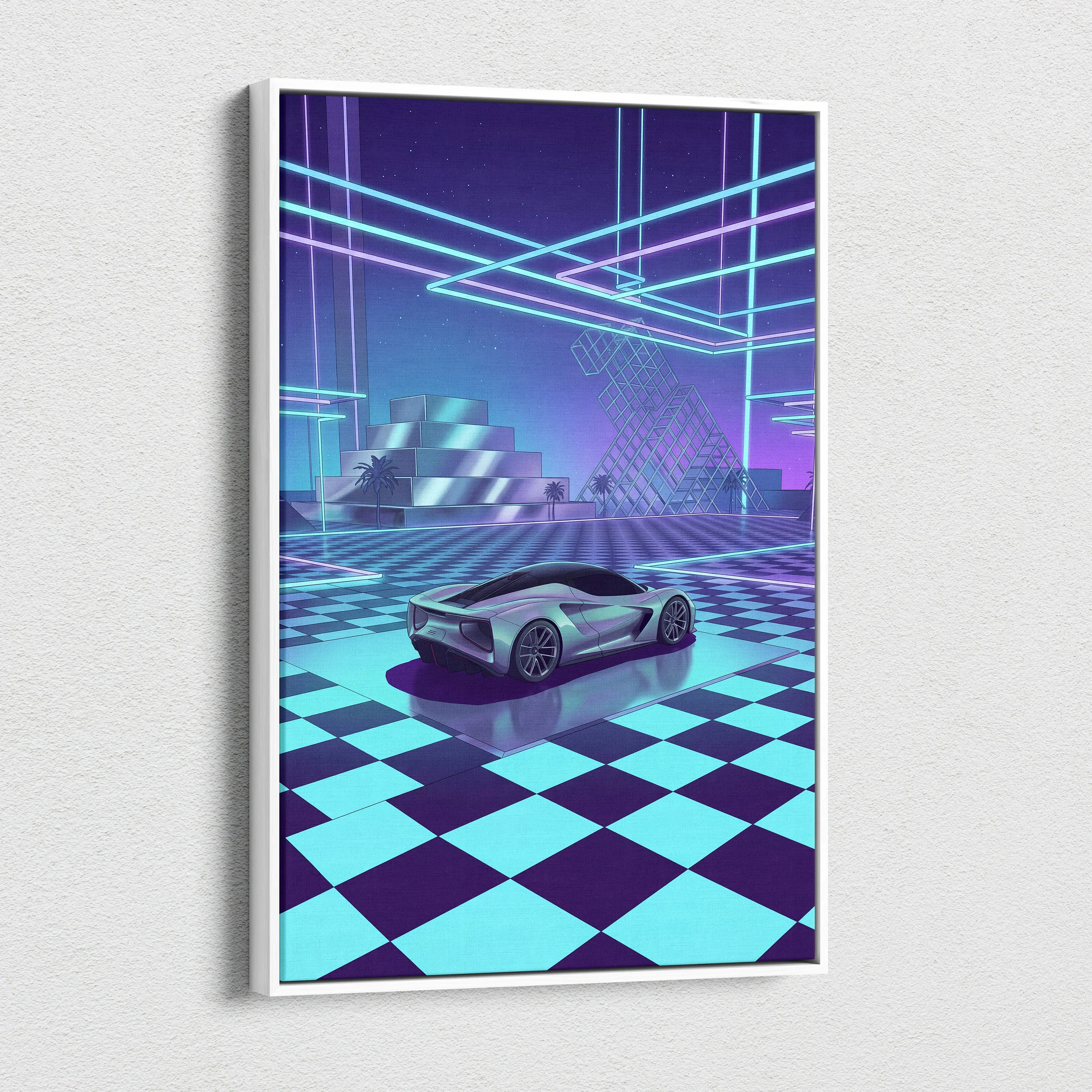Lotus Evija Inspired Silver Purple Canvas Wall Art, Vaporwave Supercar Artwork, Neon Grid Garage Decor, Retro Futuristic Exotic Print