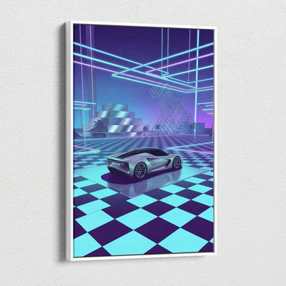 Lotus Evija Inspired Silver Purple Canvas Wall Art, Vaporwave Supercar Artwork, Neon Grid Garage Decor, Retro Futuristic Exotic Print
