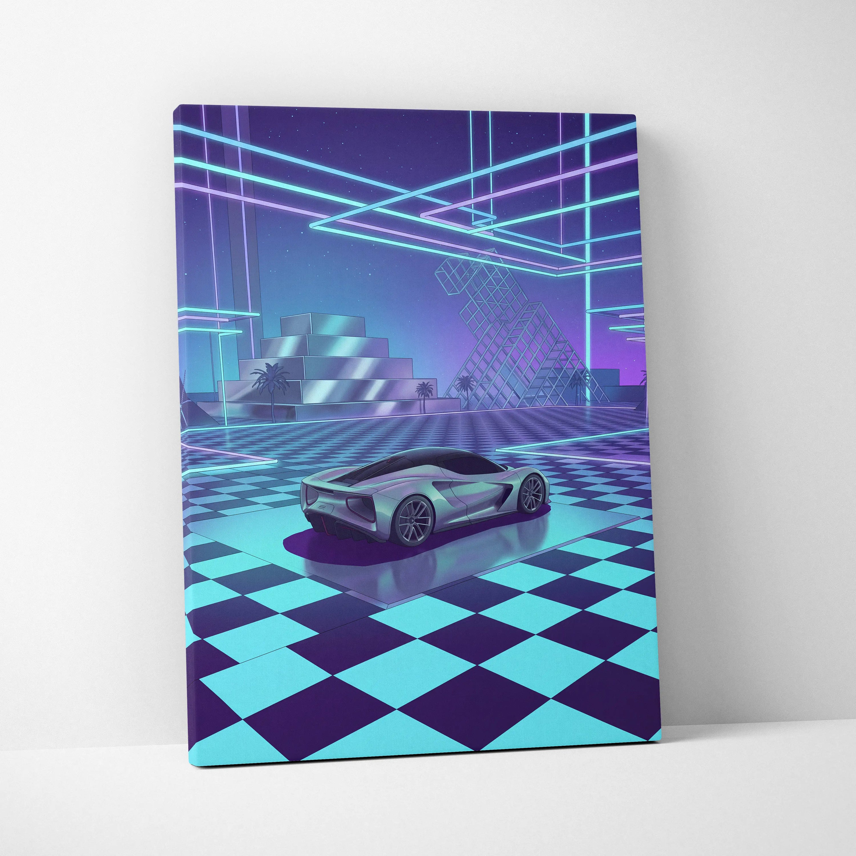 Lotus Evija Inspired Silver Purple Canvas Wall Art, Vaporwave Supercar Artwork, Neon Grid Garage Decor, Retro Futuristic Exotic Print