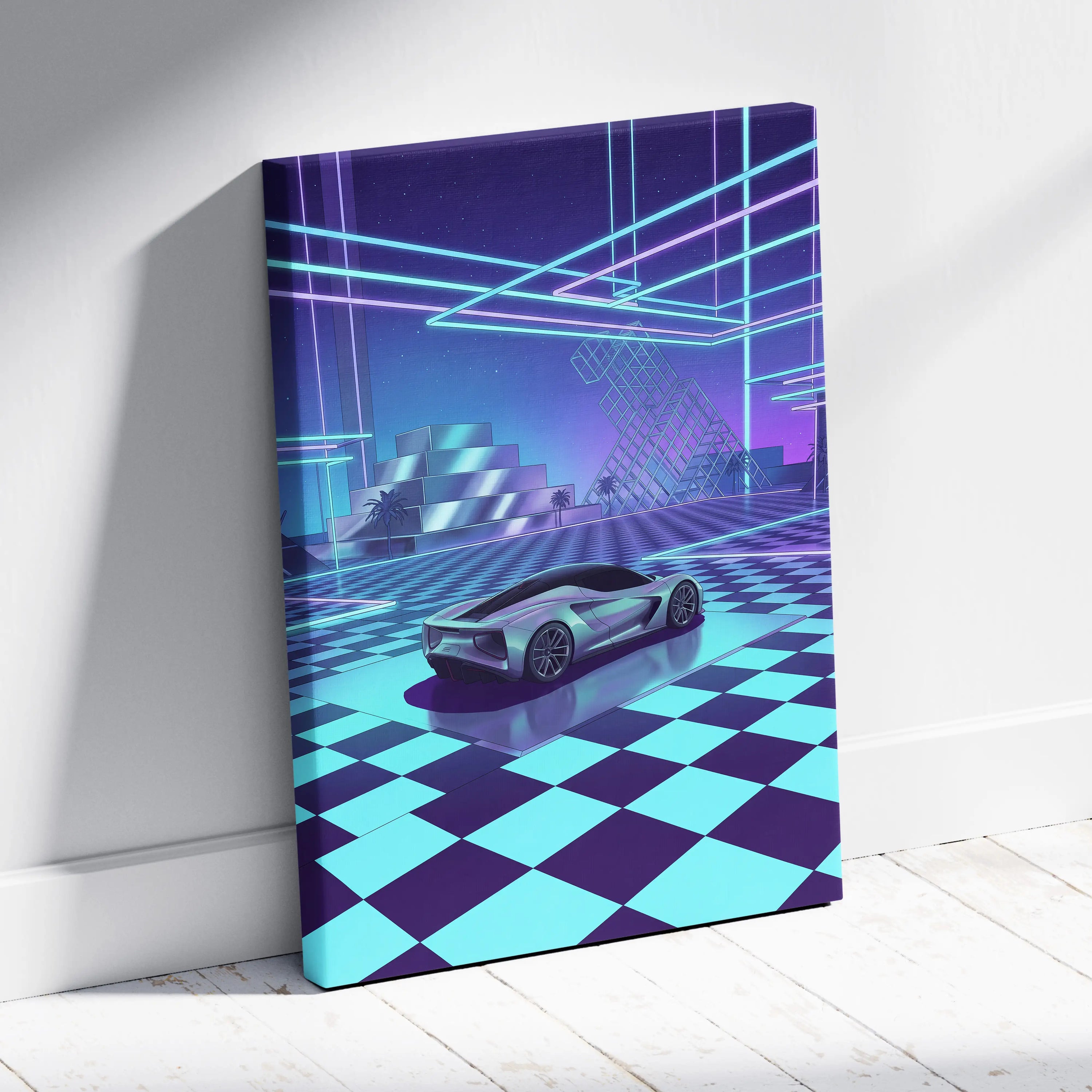 Lotus Evija Inspired Silver Purple Canvas Wall Art, Vaporwave Supercar Artwork, Neon Grid Garage Decor, Retro Futuristic Exotic Print
