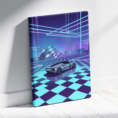 Lotus Evija Inspired Silver Purple Canvas Wall Art, Vaporwave Supercar Artwork, Neon Grid Garage Decor, Retro Futuristic Exotic Print