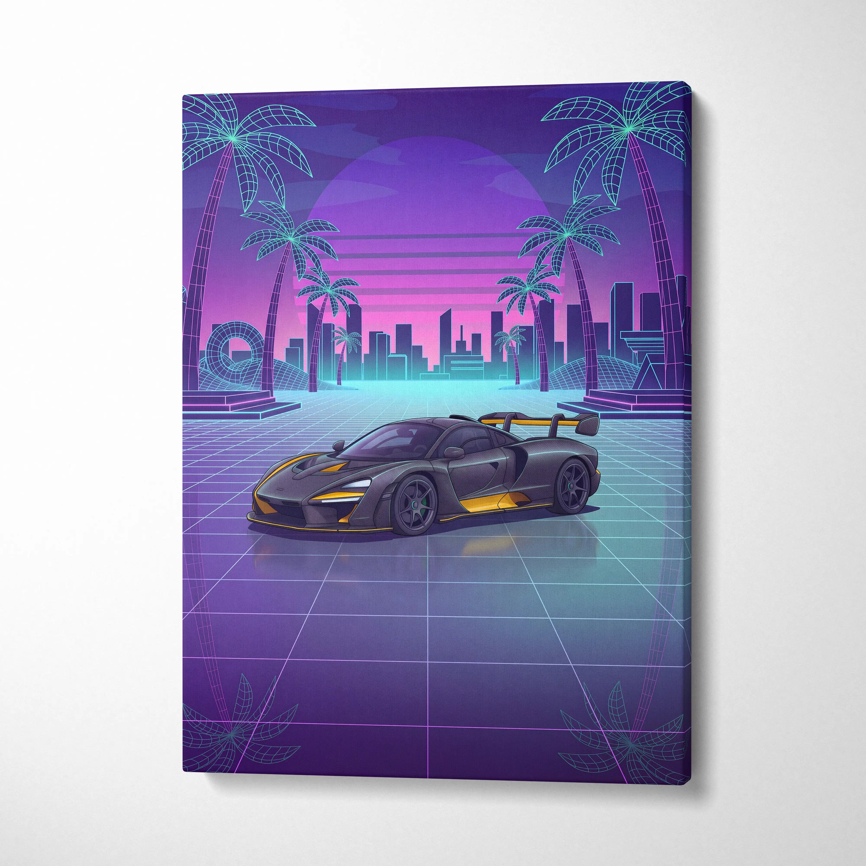 McLaren Senna Inspired Black Yellow Canvas Wall Art, Neon Vaporwave Hypercar Artwork for Modern Garage Decor