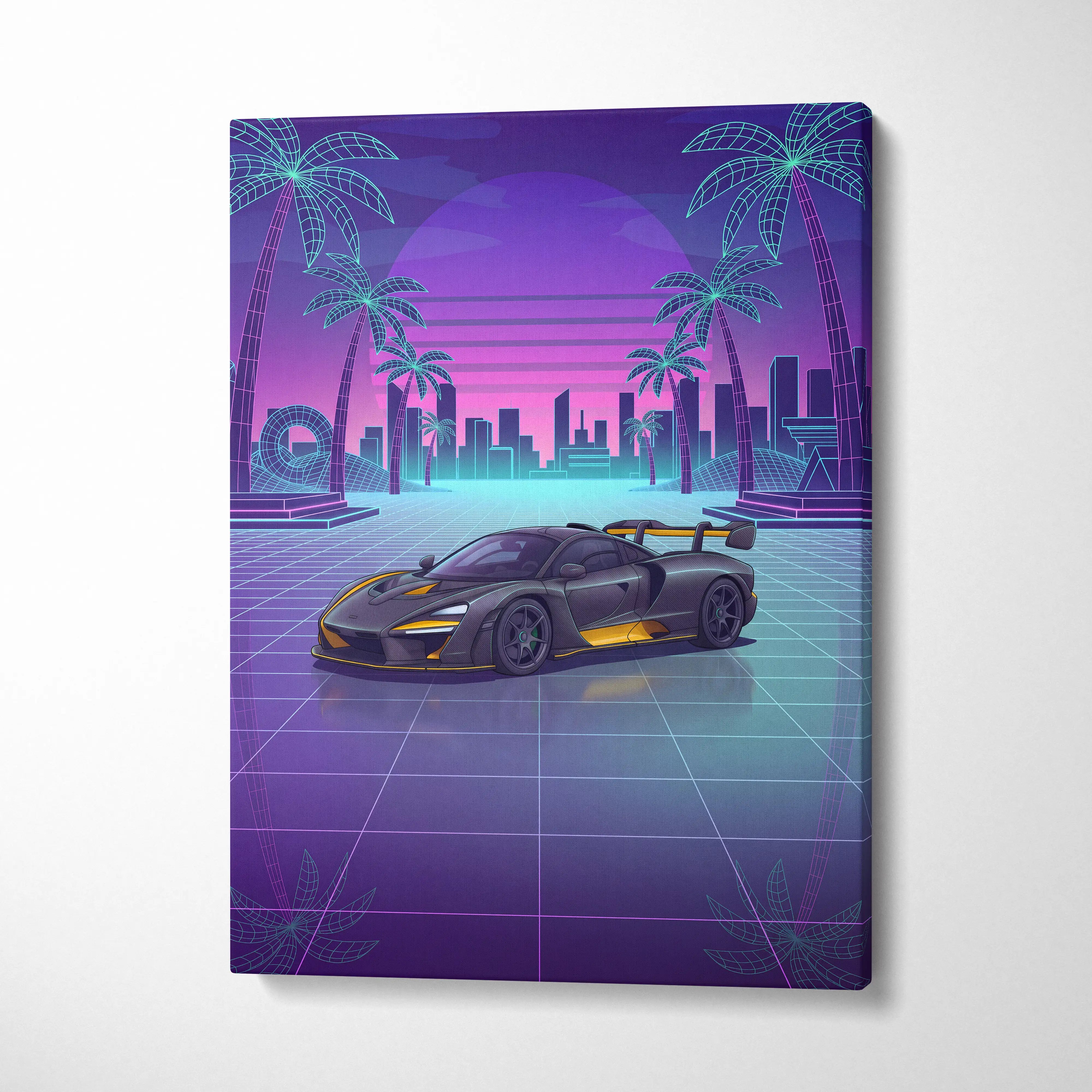 McLaren Senna Inspired Black Yellow Canvas Wall Art, Neon Vaporwave Hypercar Artwork for Modern Garage Decor