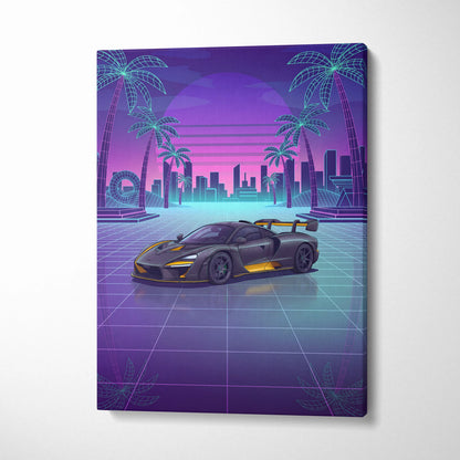 McLaren Senna Inspired Black Yellow Canvas Wall Art, Neon Vaporwave Hypercar Artwork for Modern Garage Decor