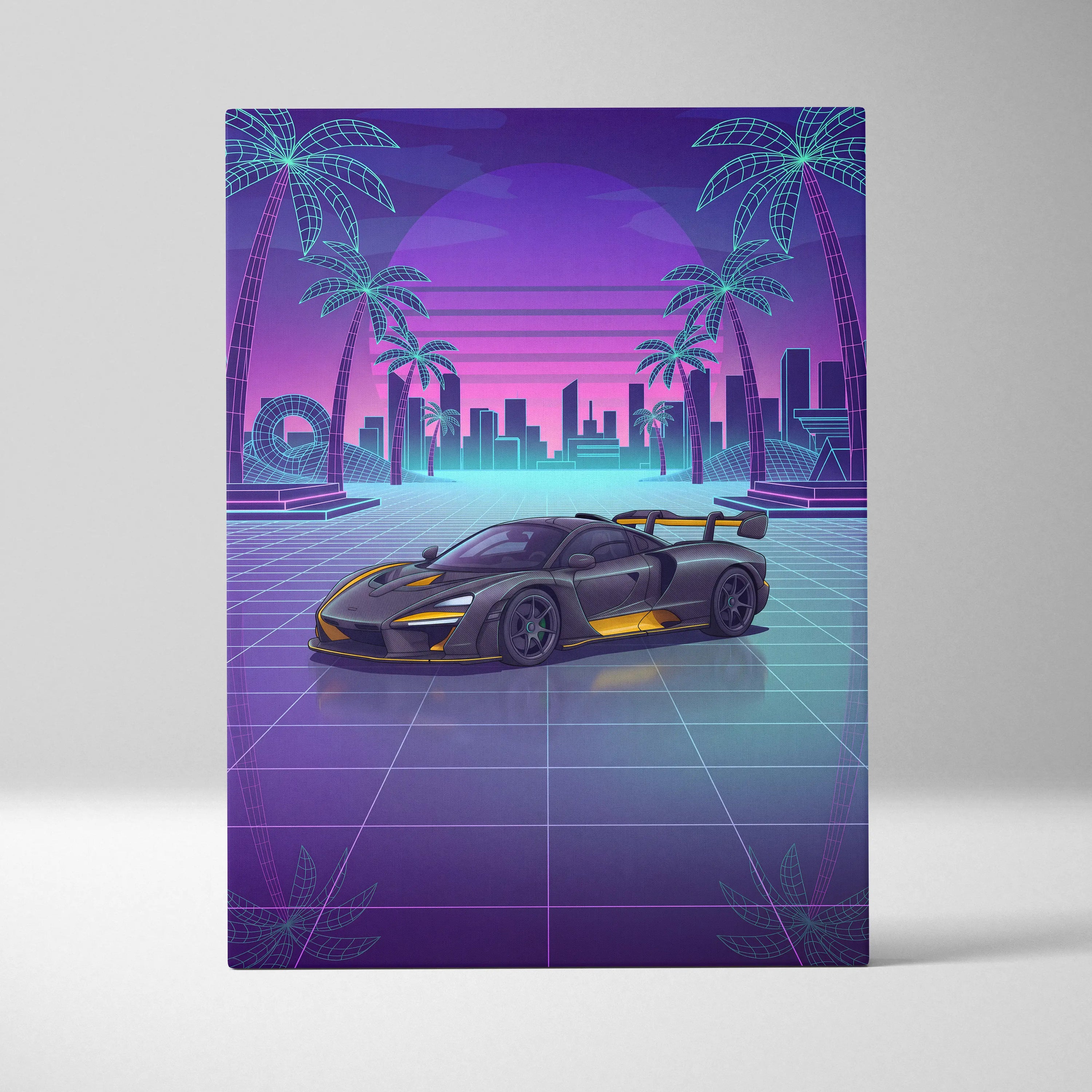 McLaren Senna Inspired Black Yellow Canvas Wall Art, Neon Vaporwave Hypercar Artwork for Modern Garage Decor