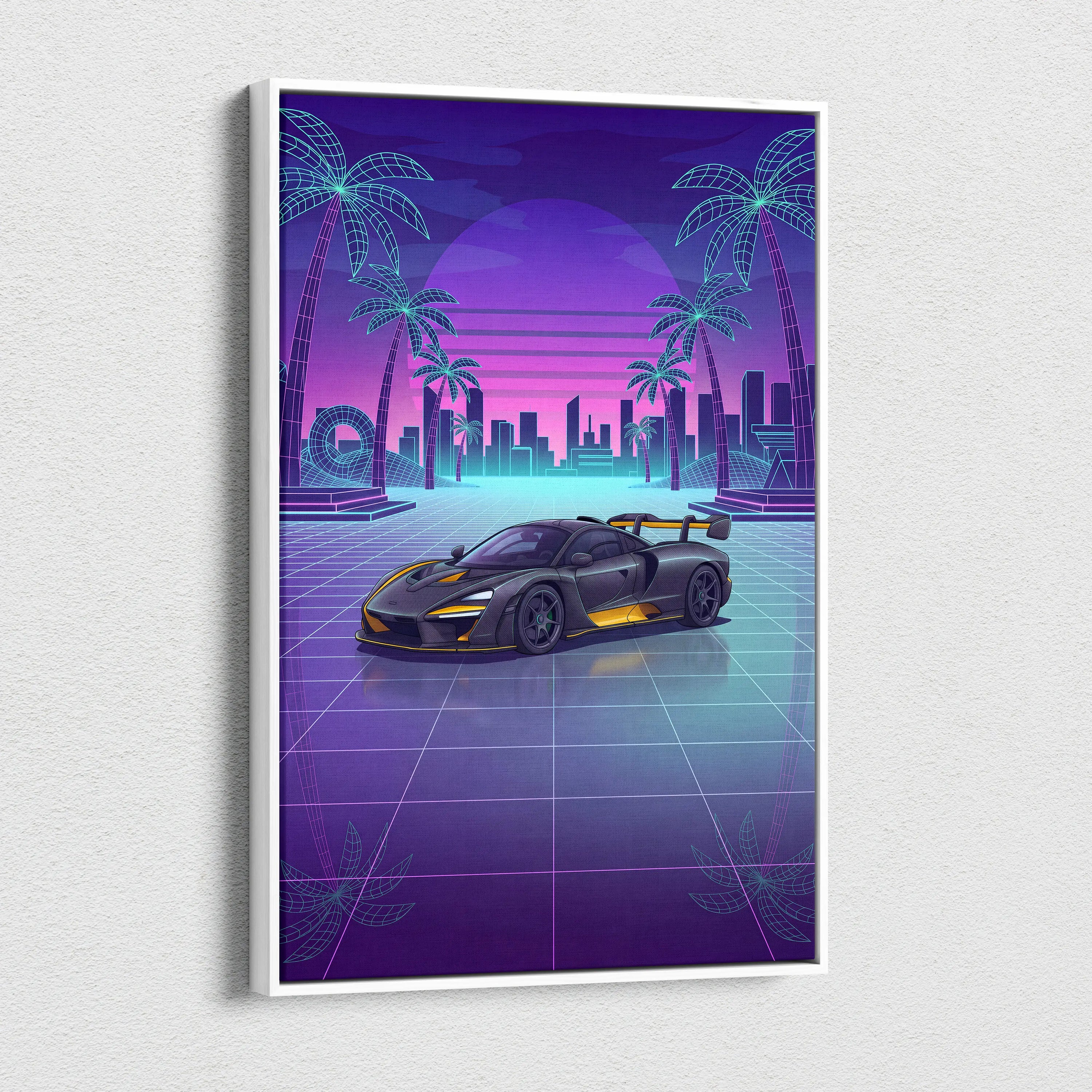 McLaren Senna Inspired Black Yellow Canvas Wall Art, Neon Vaporwave Hypercar Artwork for Modern Garage Decor