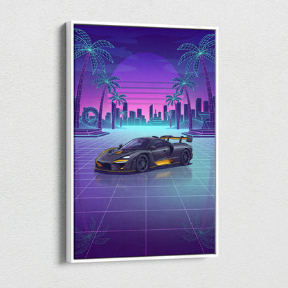 McLaren Senna Inspired Black Yellow Canvas Wall Art, Neon Vaporwave Hypercar Artwork for Modern Garage Decor