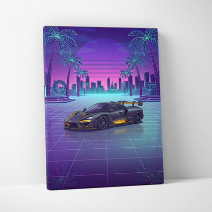 McLaren Senna Inspired Black Yellow Canvas Wall Art, Neon Vaporwave Hypercar Artwork for Modern Garage Decor