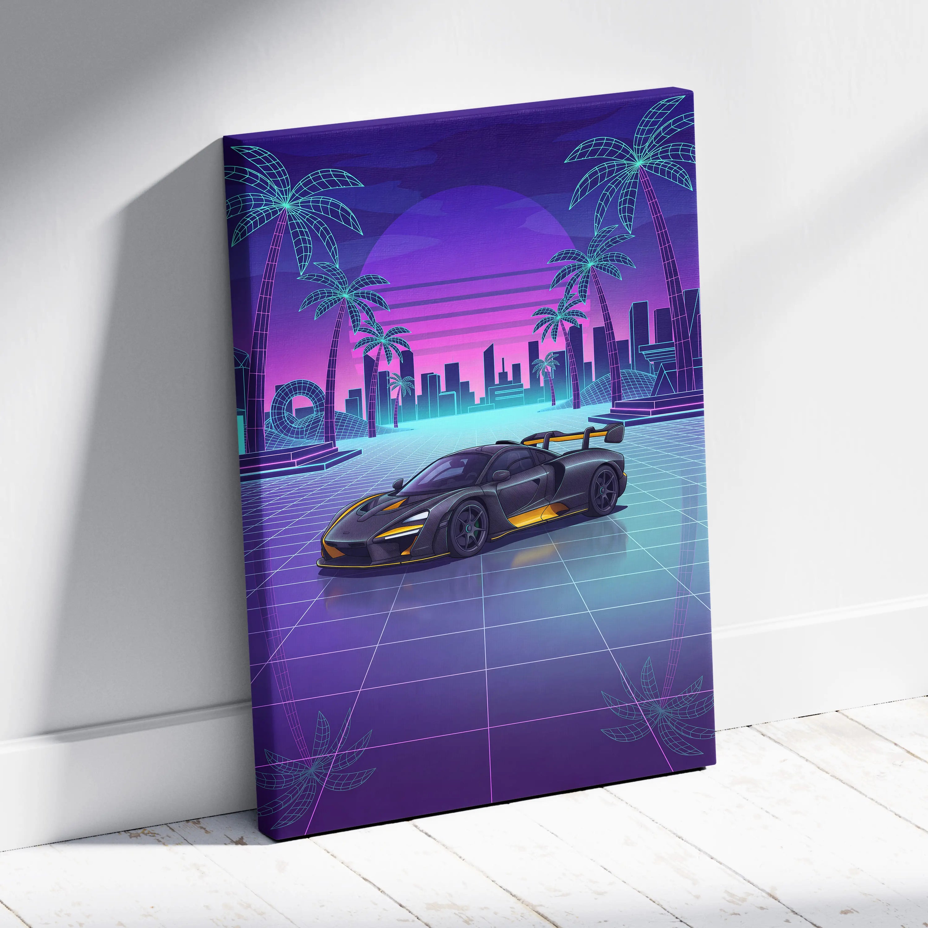 McLaren Senna Inspired Black Yellow Canvas Wall Art, Neon Vaporwave Hypercar Artwork for Modern Garage Decor