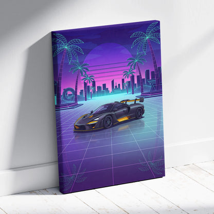 McLaren Senna Inspired Black Yellow Canvas Wall Art, Neon Vaporwave Hypercar Artwork for Modern Garage Decor