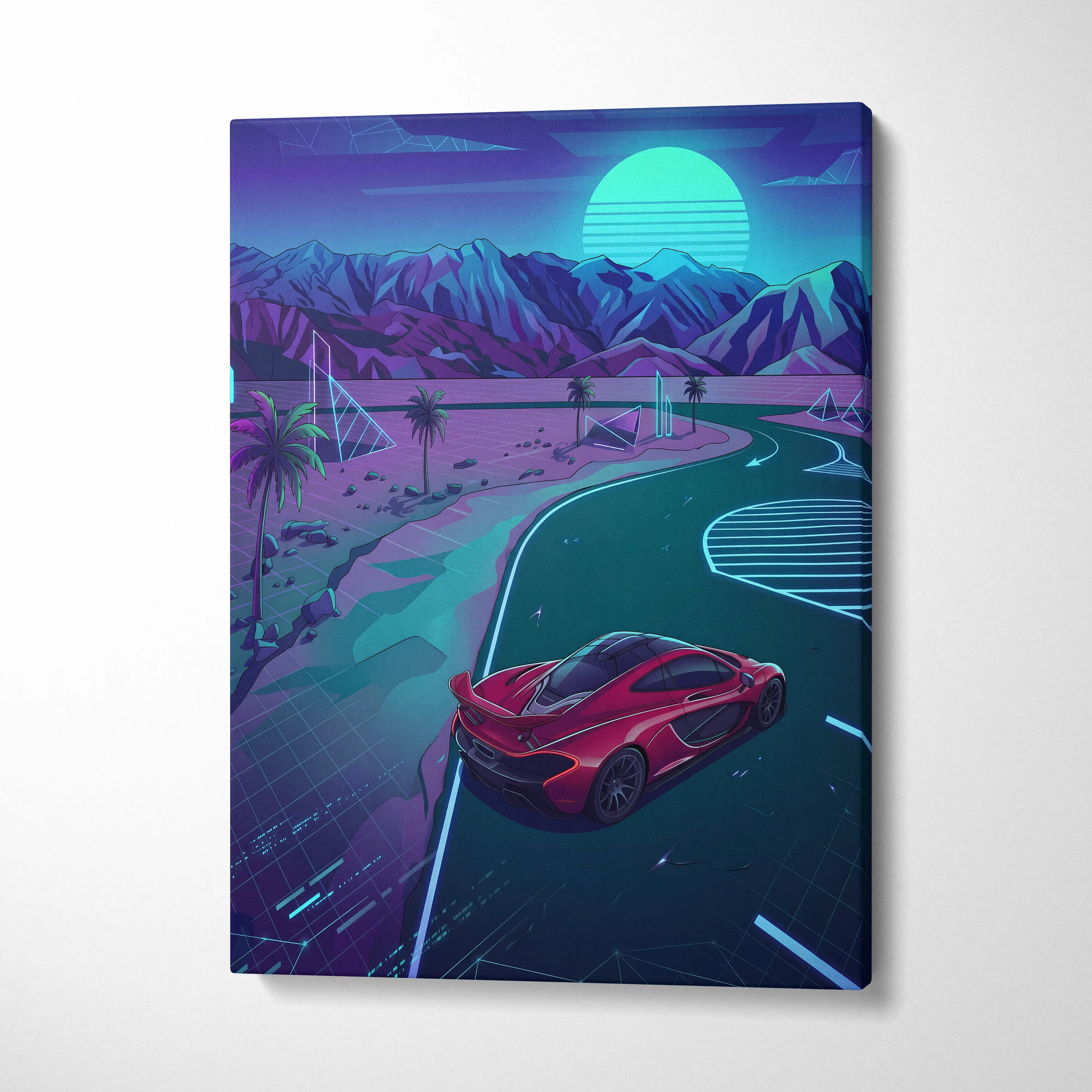 McLaren P1 Inspired Red Teal Canvas Wall Art, Neon Vaporwave Supercar Artwork for Garage Decor