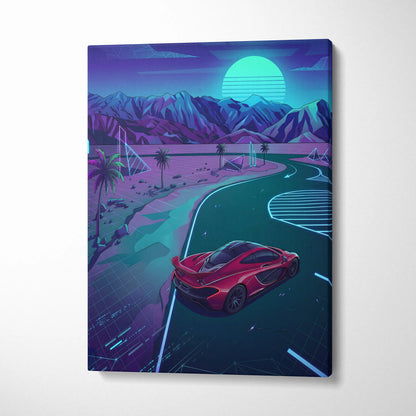 McLaren P1 Inspired Red Teal Canvas Wall Art, Neon Vaporwave Supercar Artwork for Garage Decor