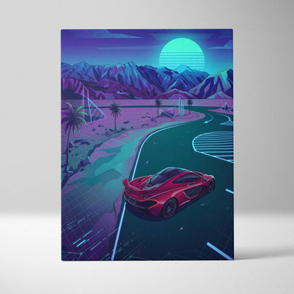 McLaren P1 Inspired Red Teal Canvas Wall Art, Neon Vaporwave Supercar Artwork for Garage Decor