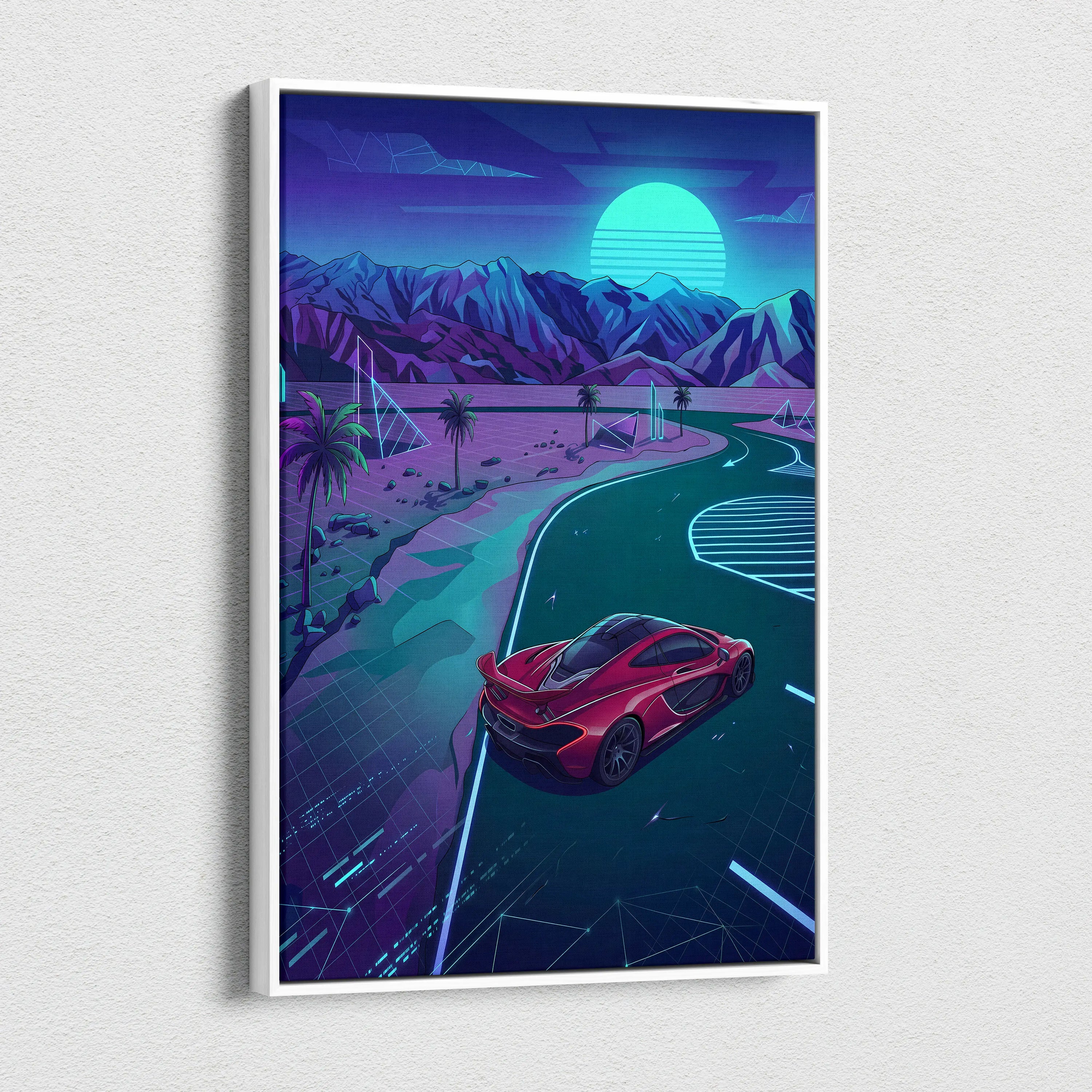 McLaren P1 Inspired Red Teal Canvas Wall Art, Neon Vaporwave Supercar Artwork for Garage Decor