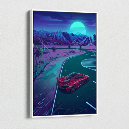 McLaren P1 Inspired Red Teal Canvas Wall Art, Neon Vaporwave Supercar Artwork for Garage Decor