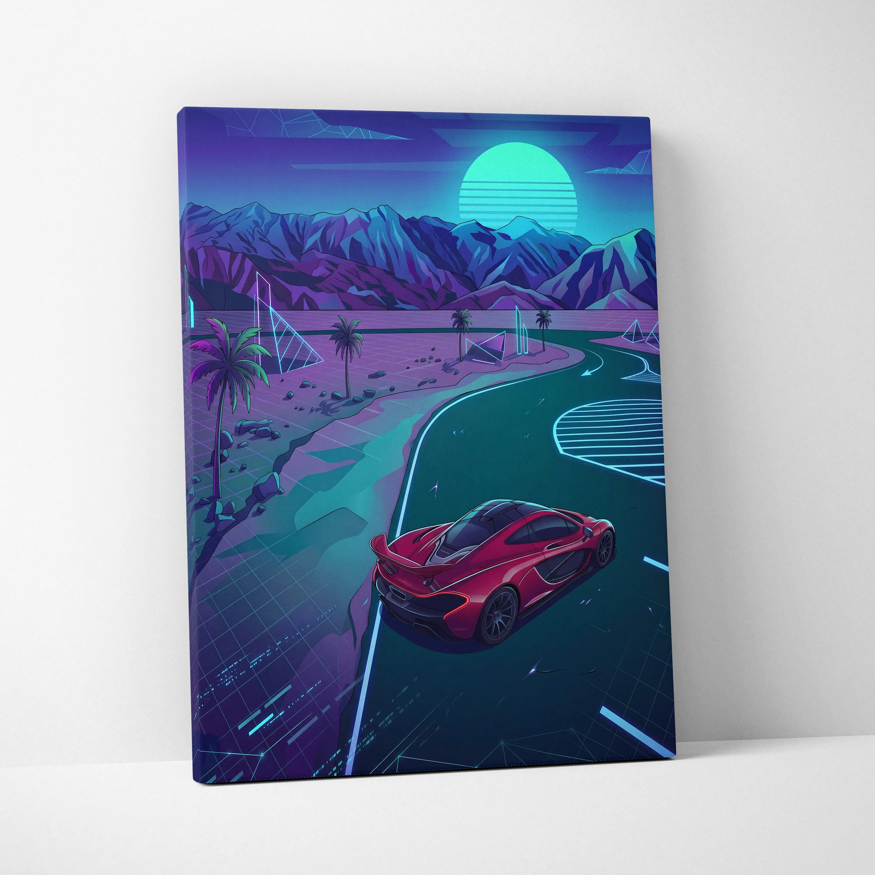 McLaren P1 Inspired Red Teal Canvas Wall Art, Neon Vaporwave Supercar Artwork for Garage Decor