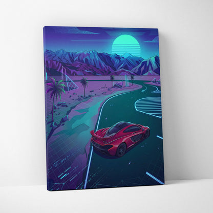 McLaren P1 Inspired Red Teal Canvas Wall Art, Neon Vaporwave Supercar Artwork for Garage Decor
