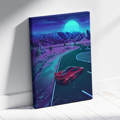 McLaren P1 Inspired Red Teal Canvas Wall Art, Neon Vaporwave Supercar Artwork for Garage Decor