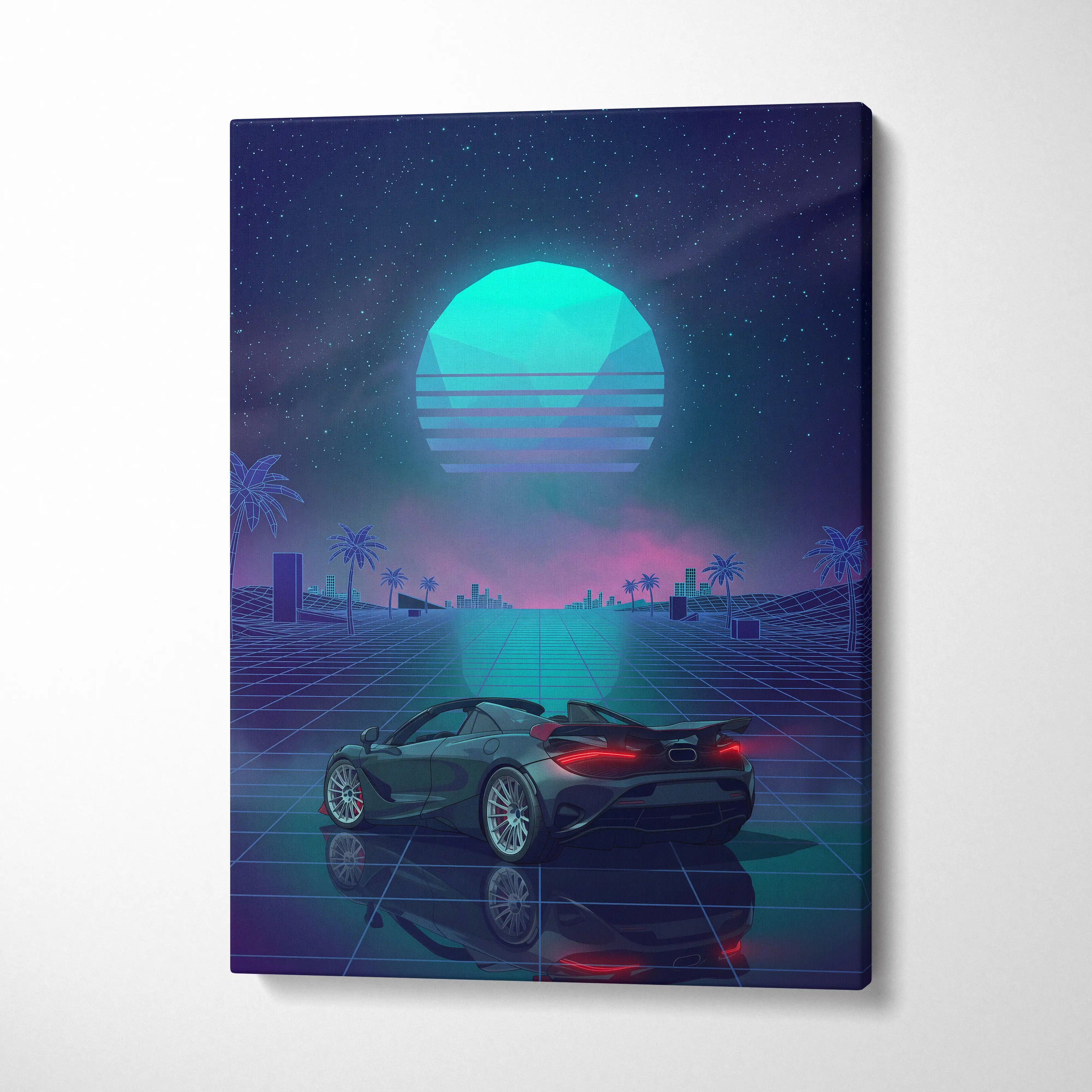 McLaren 750S Inspired Teal Purple Canvas Wall Art, Vaporwave Supercar Artwork, Neon Grid Garage Decor, Retro Futuristic Exotic Print
