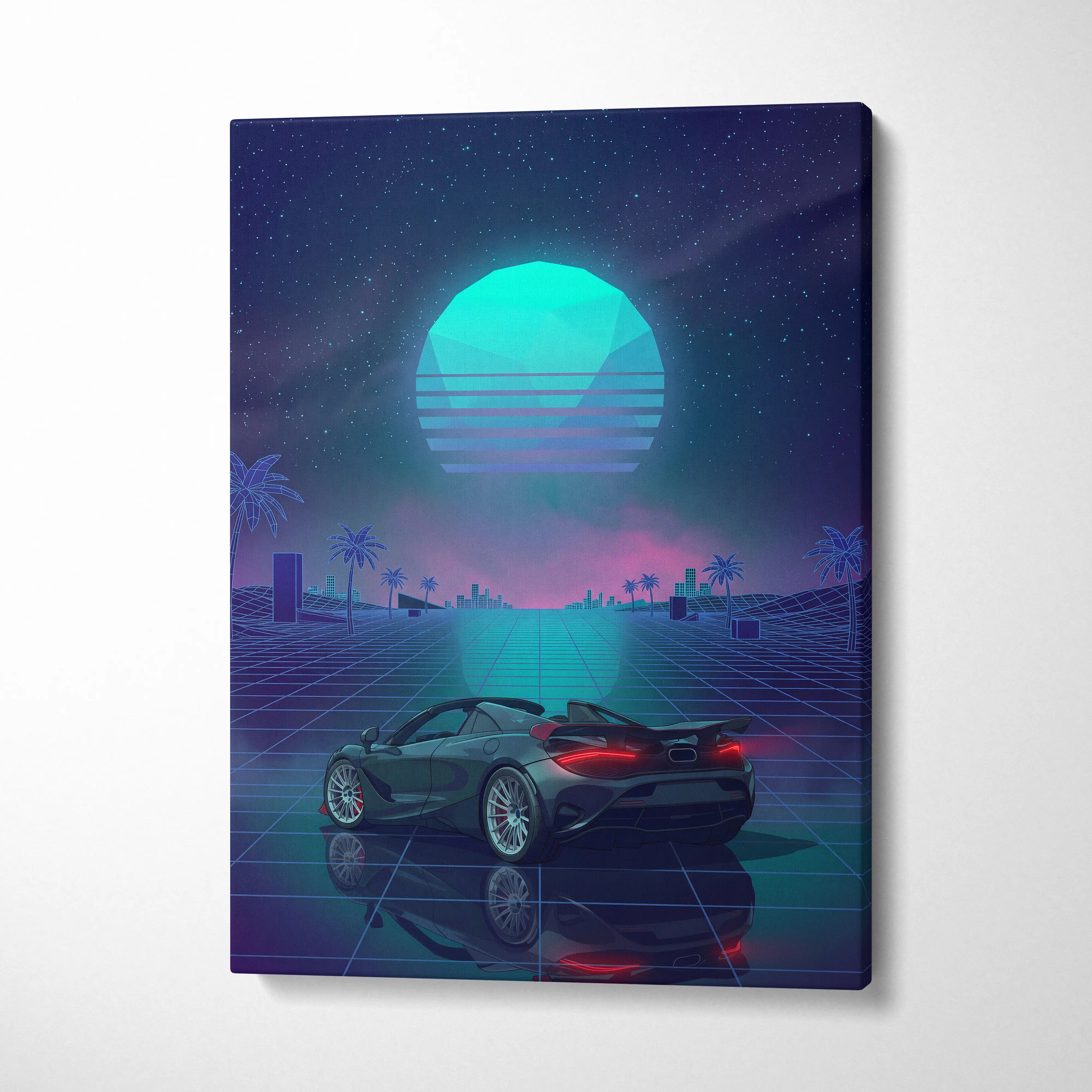 McLaren 750S Inspired Teal Purple Canvas Wall Art, Vaporwave Supercar Artwork, Neon Grid Garage Decor, Retro Futuristic Exotic Print