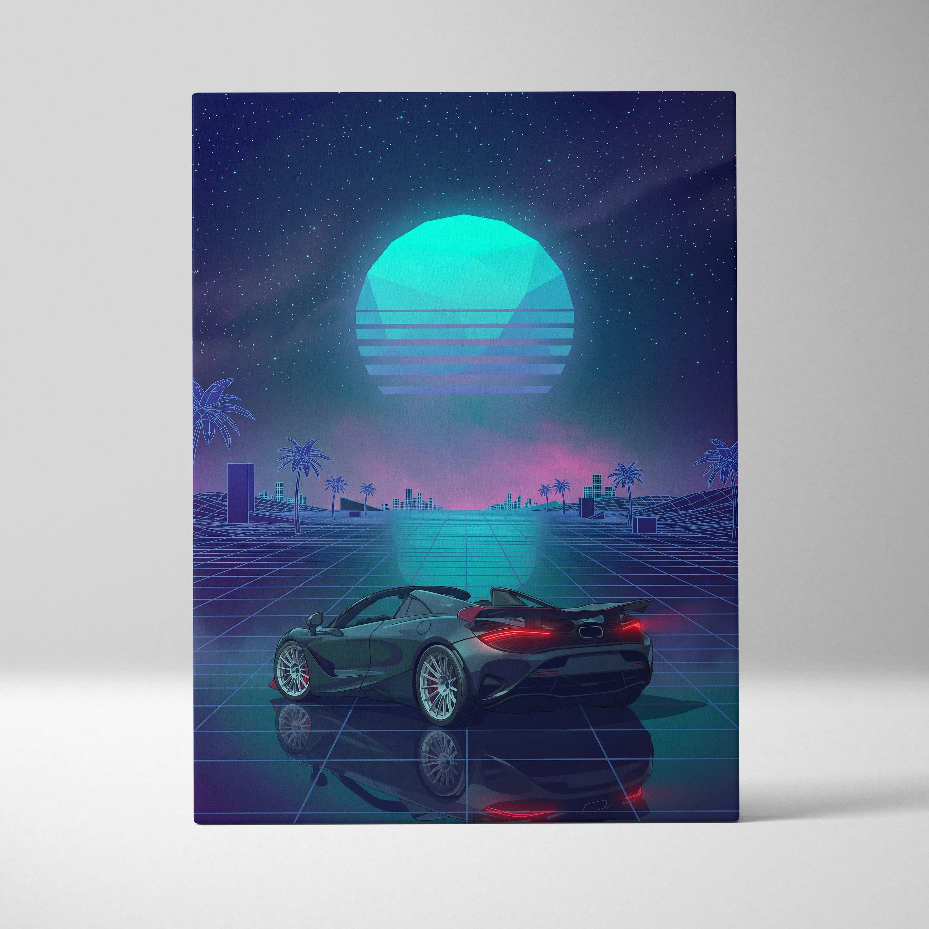 McLaren 750S Inspired Teal Purple Canvas Wall Art, Vaporwave Supercar Artwork, Neon Grid Garage Decor, Retro Futuristic Exotic Print