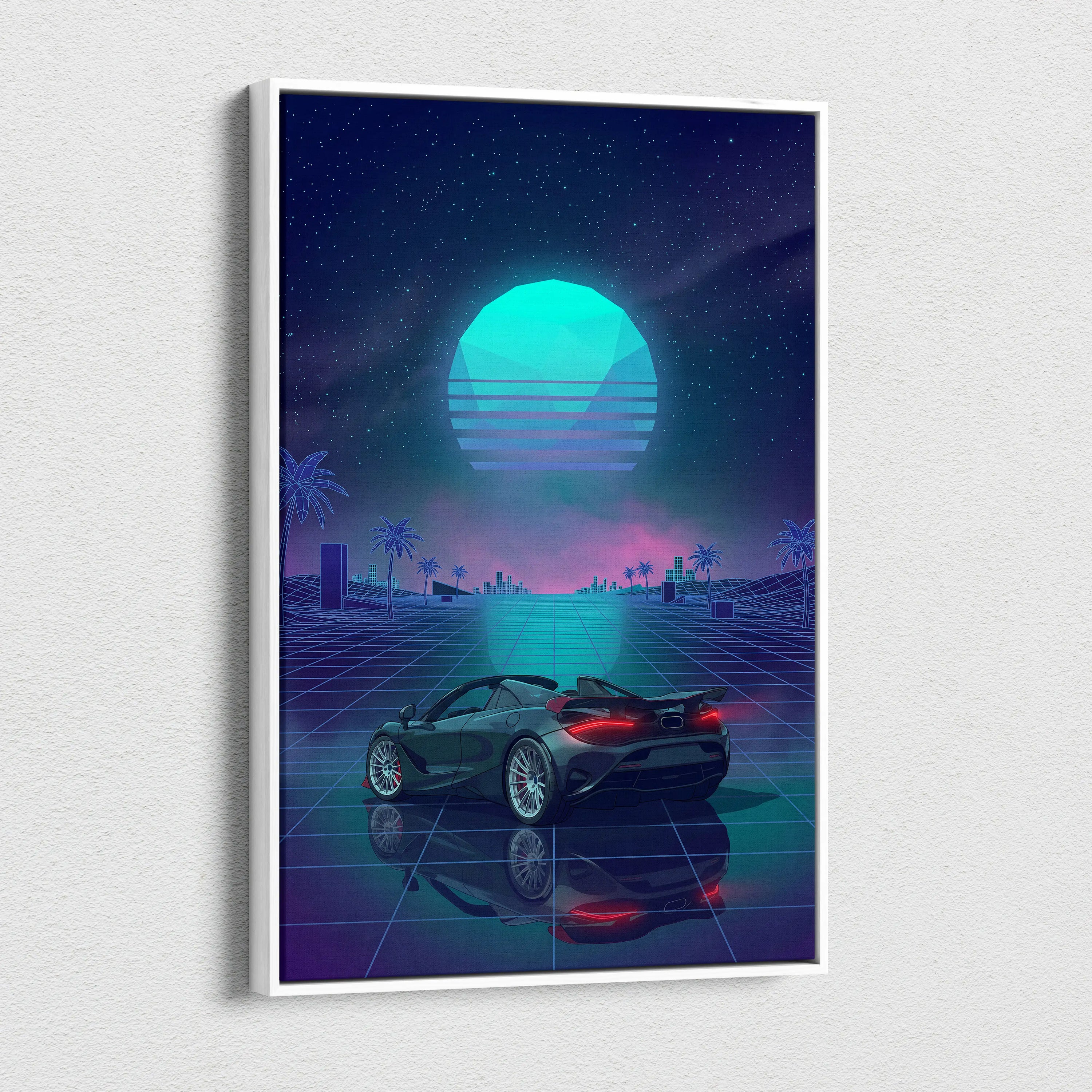 McLaren 750S Inspired Teal Purple Canvas Wall Art, Vaporwave Supercar Artwork, Neon Grid Garage Decor, Retro Futuristic Exotic Print